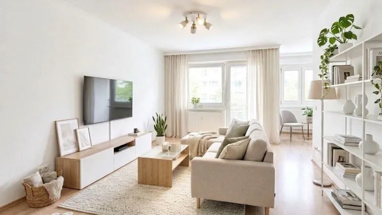 Helles Wohnzimmer mit modernem Sofa, TV-Möbel und Regalen, ideal für entspannte Abende.