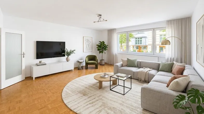 KI-visualisiertes Wohnzimmer mit modernem Sofa, Teppich und Parkettboden, hell und einladend.