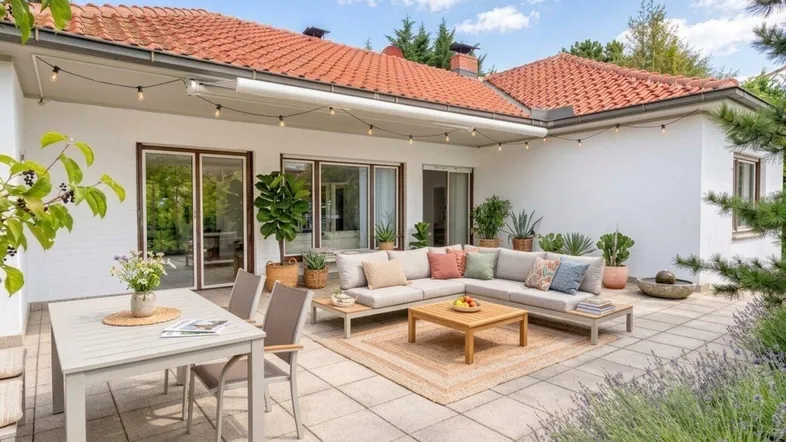 Geräumige Terrasse mit Ess- und Loungebereich, umgeben von Pflanzen und mit Zugang zum Haus.