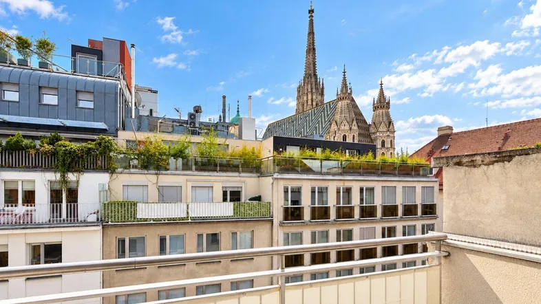 Panoramablick über die Stadt mit dem Stephansdom und umliegenden Gebäuden unter blauem Himmel.