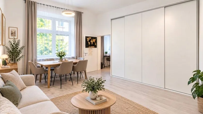 Heller Wohn- und Essbereich mit großem Fenster, Einbauschrank und modernem Interieur.