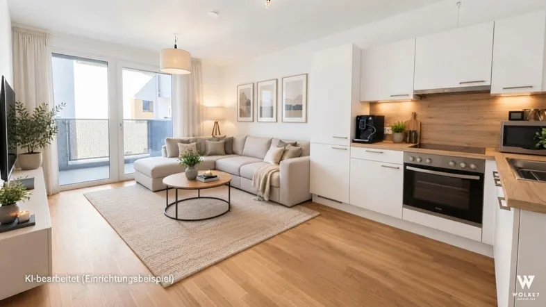 Heller offener Wohnbereich mit moderner weißer Küche, Holzboden und Zugang zum Balkon.
