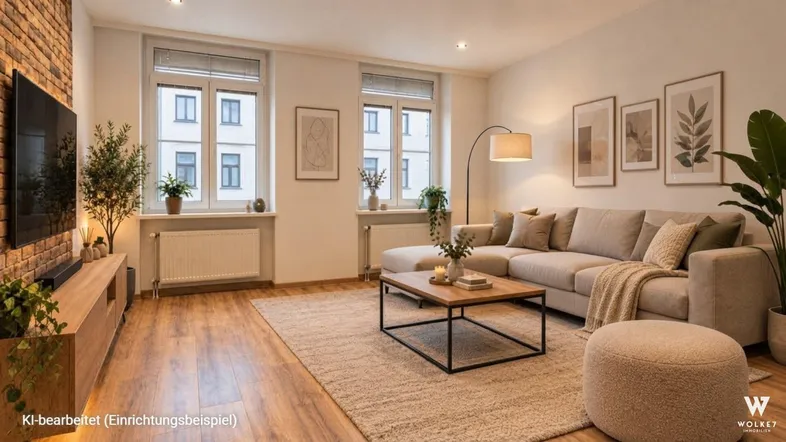 Helles Wohnzimmer mit modernem Sofa, Holzboden und dekorativer Ziegelwand, ausgestattet mit großen Fenstern.