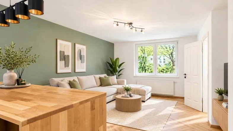 Helles Wohnzimmer mit modernem Sofa, Holzboden und grüner Akzentwand, offen gestaltet.
