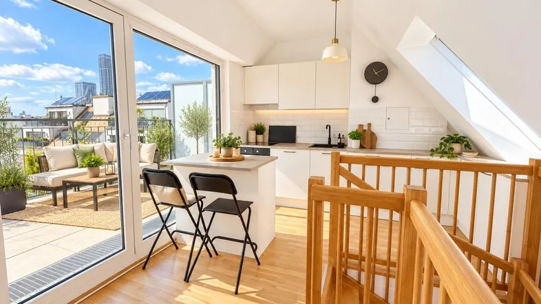 Moderne Küche mit Kochinsel und direktem Zugang zu einer großen Dachterrasse, hell und offen gestaltet.