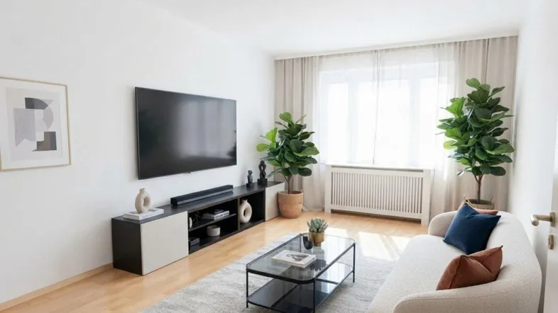 Helles und modern eingerichtetes Wohnzimmer mit Holzboden, großem Fenster und bequemer Couch.