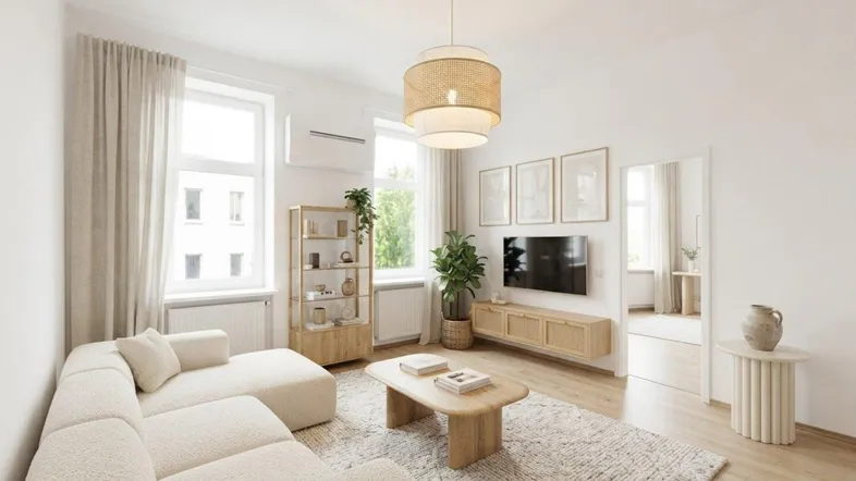 Helles, modern eingerichtetes Wohnzimmer mit beigem Sofa, Holztisch und Klimaanlage.