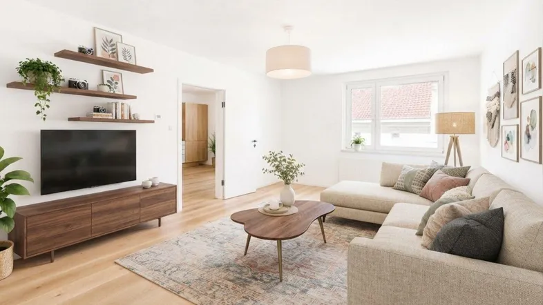 Helles, modern eingerichtetes Wohnzimmer mit bequemer Couch, Holzboden und dekorativen Regalen.