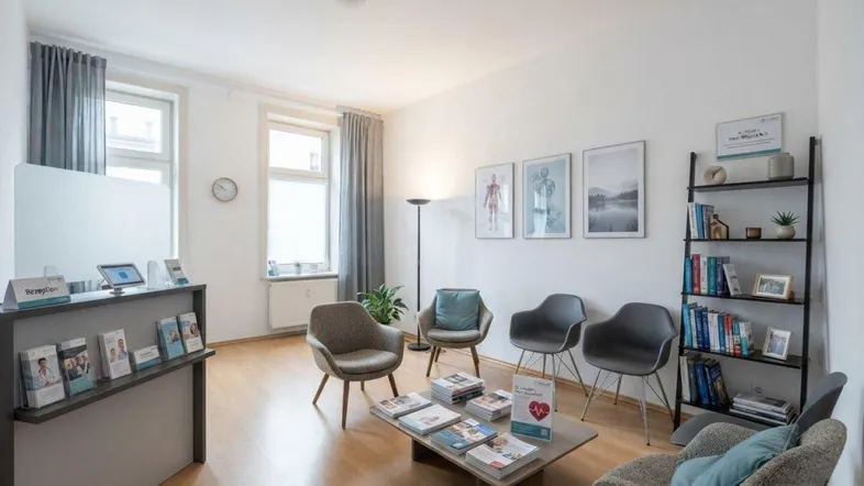 Heller Empfangsbereich mit mehreren Sitzgelegenheiten, einem Couchtisch und einem Bücherregal.