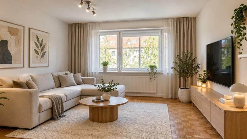 Helles, modern eingerichtetes Wohnzimmer mit beigem Sofa, Holzboden und Blick ins Grüne.