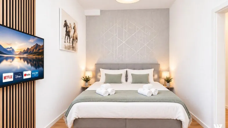 Modernes Schlafzimmer mit Doppelbett, Wandfernseher und dekorativer Wandgestaltung, gut beleuchtet.