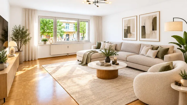 Helles, virtuell eingerichtetes Wohnzimmer mit Parkettboden, großem Fenster und modernem Mobiliar.