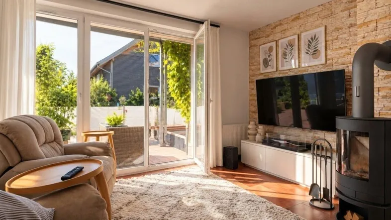 Helles Wohnzimmer mit Kaminofen, Steinwand und direktem Zugang zur Terrasse.