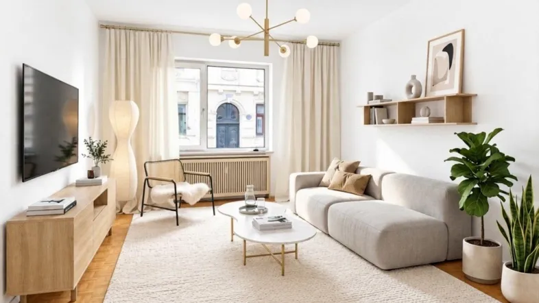 Helles Wohnzimmer mit modernem Design, Parkettboden, großen Fenstern und Stadtblick.