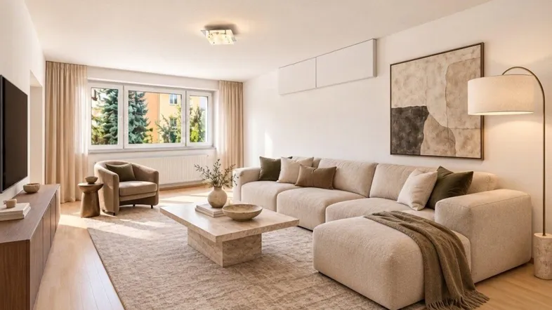 KI-bearbeitetes (Einrichtungsbeispiel) Wohnzimmer mit beigefarbenem Sofa, Teppich und Blick ins Grüne.