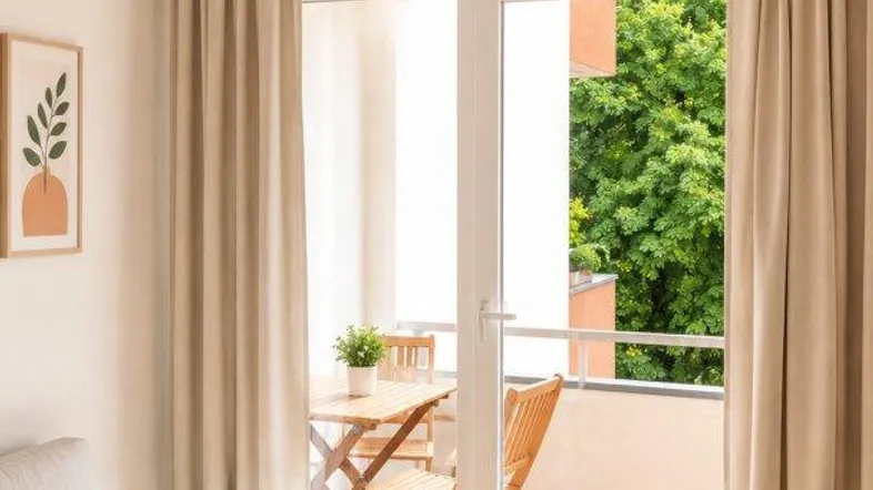 Helles Wohnzimmer mit Parkettboden, Zugang zum Balkon und Blick ins Grüne.