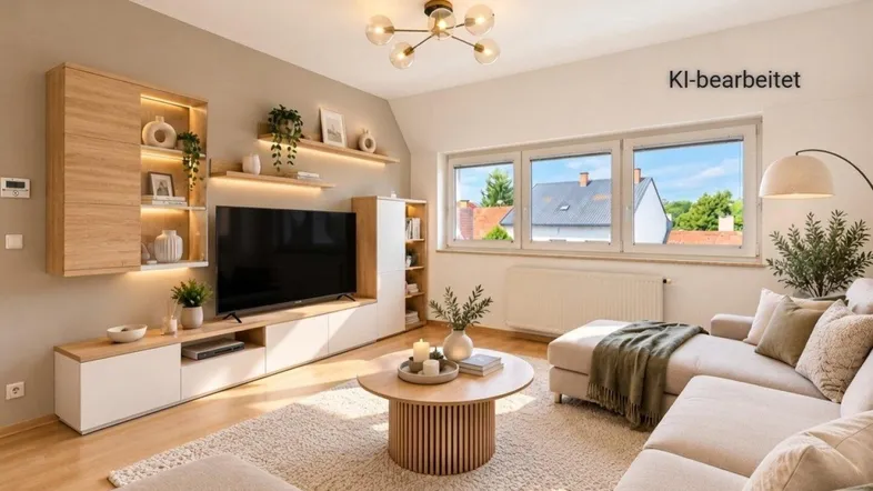 Modernes Wohnzimmer mit heller Einrichtung, Holzelementen und Blick ins Grüne durch große Fenster.