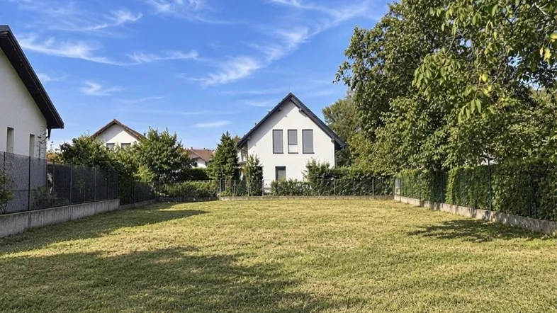 Gepflegte Rasenfläche eines Gartens mit einem modernen Einfamilienhaus im Hintergrund unter blauem Himmel.