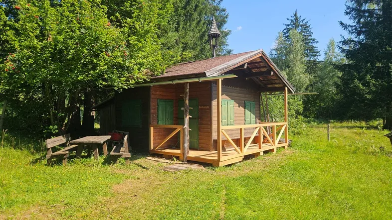 Rustikale Holzhütte mit grünen Fensterläden und einer kleinen Holzterrasse inmitten grüner Natur.