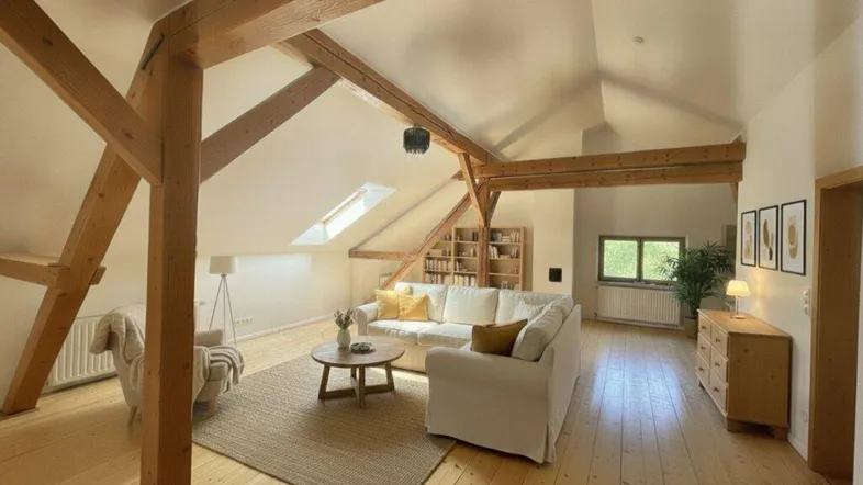 Gemütliches Wohnzimmer im Dachgeschoss mit sichtbaren Holzbalken, Dachfenstern und hellem Holzfußboden.