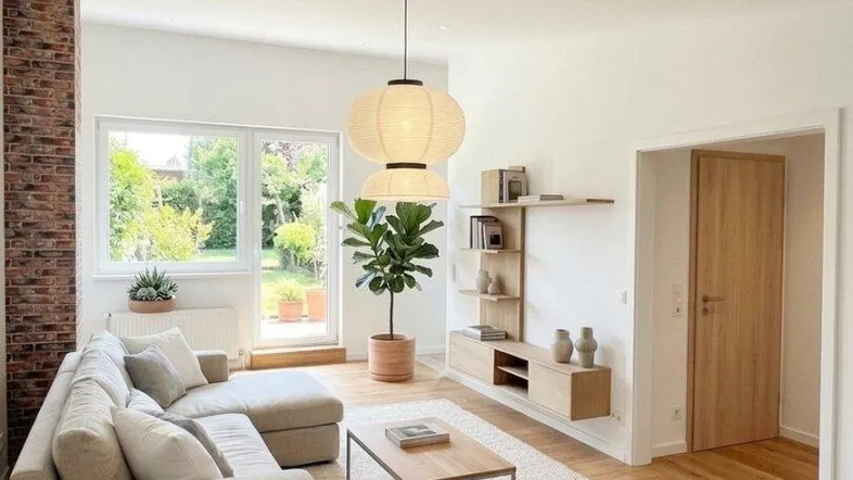 Helles Wohnzimmer mit beigem Sofa, Holzboden und Zugang zu einem grünen Außenbereich.