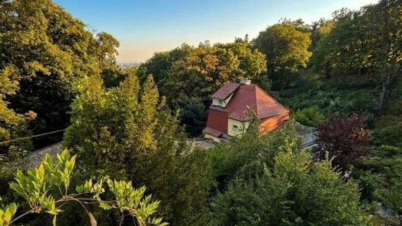 Haus umgeben von üppigem Grün mit rotem Dach, von oben betrachtet und weitem Blick.