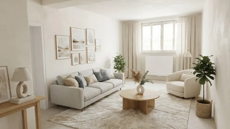 Helles und gemütliches Wohnzimmer mit modernem Sofa, Sessel, weichem Teppich und viel Tageslicht.