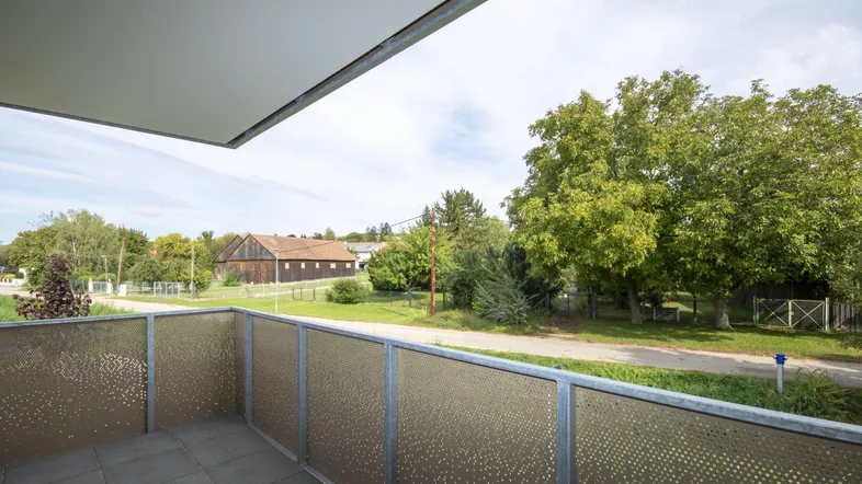 Balkon mit Fliesenboden und Blick ins Grüne, umgeben von Bäumen und ländlicher Umgebung.