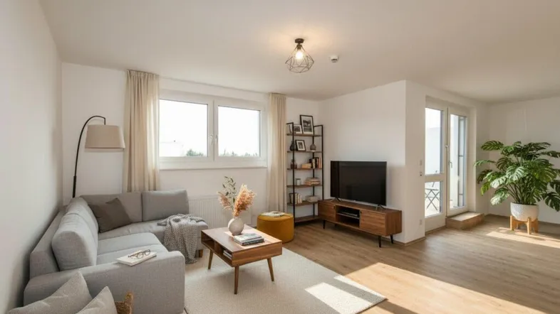 Helles Wohnzimmer mit modernem Sofa, Holzboden und Zugang zu einem Balkon oder Terrasse.