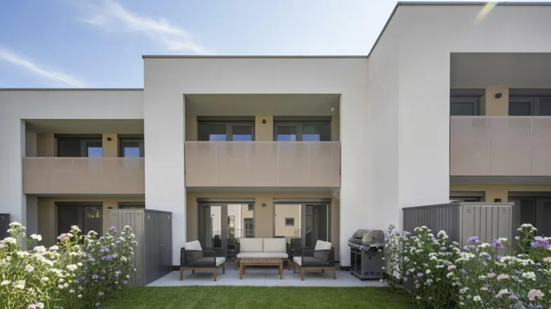 Moderne Wohnanlage mit möblierter Terrasse, Grillbereich und gepflegtem Rasen.