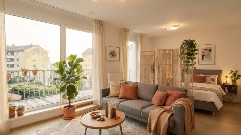 Helles Wohnzimmer mit integriertem Schlafbereich, großen Fenstern und Zugang zum Balkon.