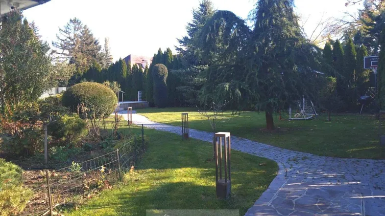 Gepflegter Gartenbereich mit Steinweg, Rasenflächen und verschiedenen Bäumen und Sträuchern.