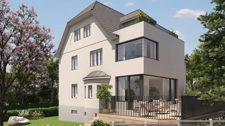 Moderne Visualisierung eines Hauses mit Terrasse, Garten und zeitgenössischer Architektur.
