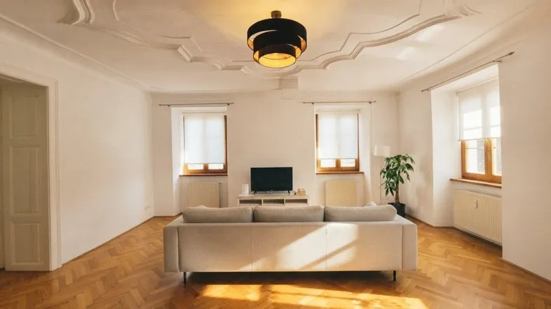 Helles Wohnzimmer mit elegantem Stuck an der Decke und Fischgrätparkettboden.