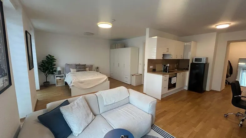 Helles Studio-Apartment mit integrierter Küche, Schlafbereich und Wohnzimmer, ideal für modernes Wohnen.