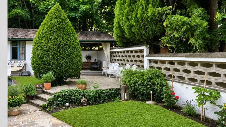 Gepflegter Garten mit Rasenfläche, gepflasterter Terrasse und gemütlichem Sitzbereich im Grünen.