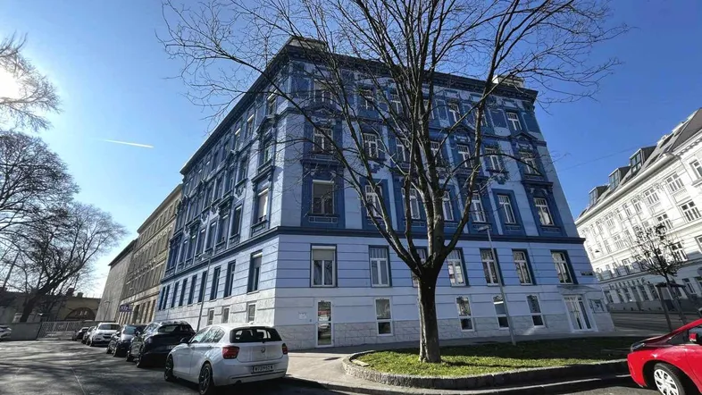 Historisches Gebäude mit blauer Fassade und parkenden Autos an einem sonnigen Tag.