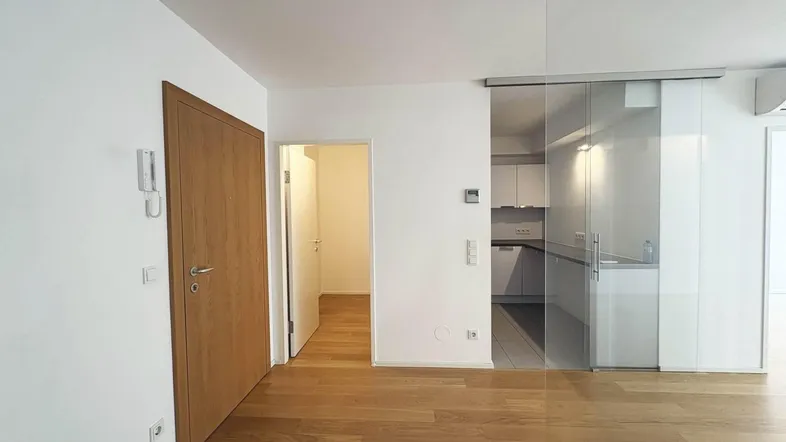 Heller Wohnbereich mit Parkettboden, Holztür und moderner Glasschiebetür zur Küche, die ein offenes Raumgefühl schafft.