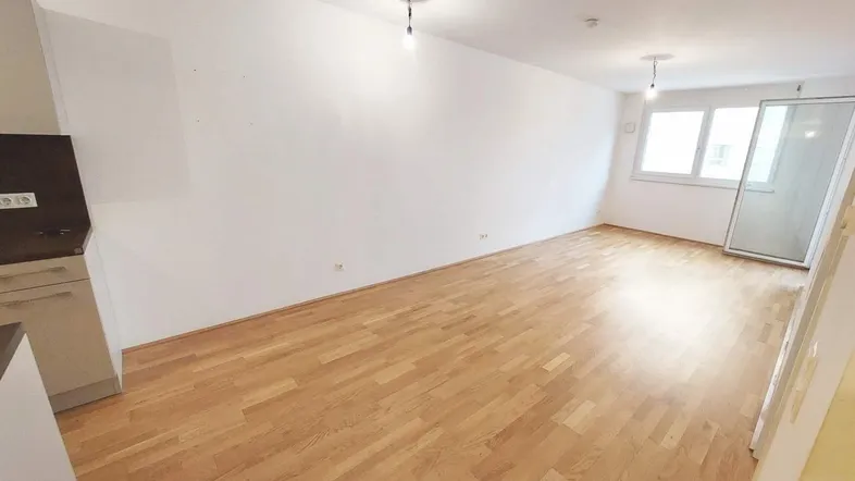 Heller offener Wohnbereich mit Parkettboden und Zugang zum Balkon.
