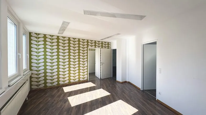 Heller, leerer Raum mit Holzboden, großen Fenstern und einer auffälligen grünen Tapetenwand.