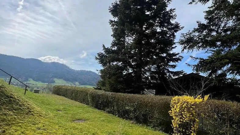 Gepflasterte Terrasse mit angrenzendem Rasen und Hecke, umgeben von hohen Bäumen und einem weiten Blick auf die Berge.