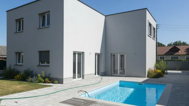 Modernes Einfamilienhaus mit privatem Pool und gepflastertem Außenbereich unter blauem Himmel.