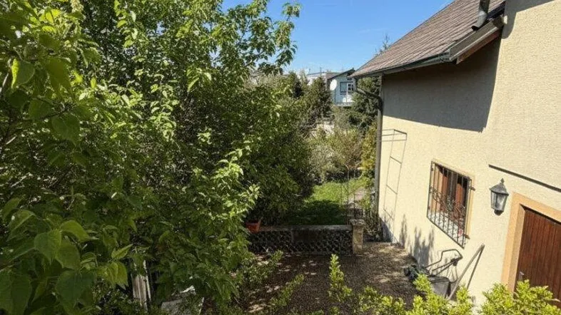 Blick auf die Hausseite und den grünen Gartenbereich unter blauem Himmel.