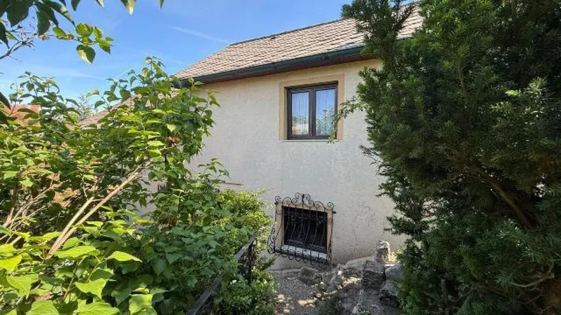 Seitlicher Blick auf das Haus mit einem Gartenweg und Treppen, umgeben von Bäumen und Sträuchern.
