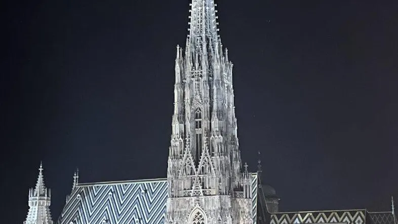 Nächtliche Ansicht des Stephansdoms mit beleuchtetem Turm und charakteristischem Ziegeldach.