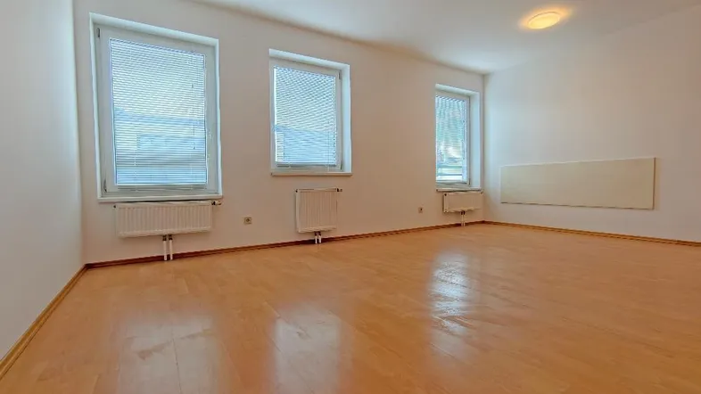 Heller Raum mit Holzfußboden, weißen Wänden und drei Fenstern, ideal als Wohnzimmer.