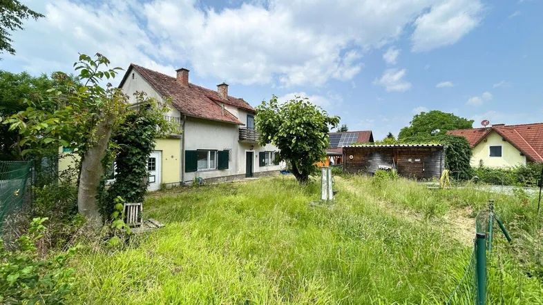 Das Haus von außen mit einem großen, verwilderten Garten und viel Grünfläche unter blauem Himmel.