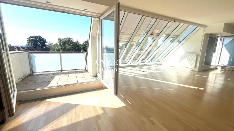 Helles Wohnzimmer mit Parkettboden, großen Dachfenstern und Zugang zu einer Terrasse.
