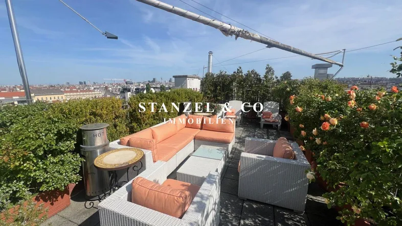 Weitläufige Dachterrasse mit komfortablen Loungemöbeln und vielen Pflanzen in Töpfen.