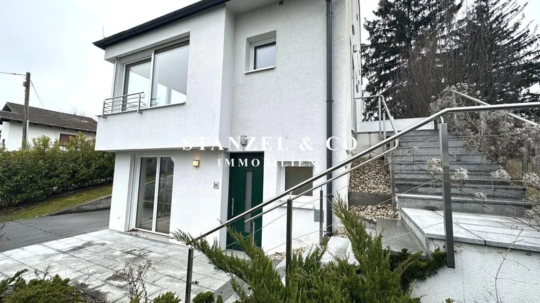 Vorderansicht des modernen Hauses mit weißer Fassade und Eingangsbereich.